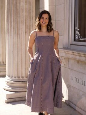 AUREUM Brown and Cream Striped Midi Dress with Spaghetti Straps